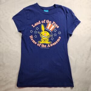 Happy Bunny Y2K American Graphic Baby Tee Cotton Red Blue - Juniors Medium